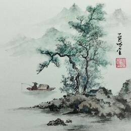 Gemälde Fisherman on the lake von Du Mingxuan | Gemälde