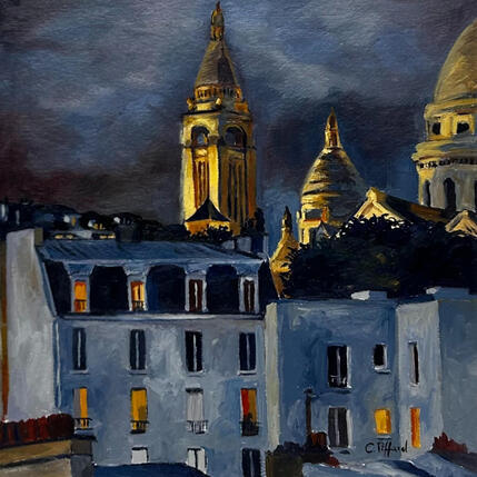Painting Nuit d'azur sur Montmartre  by Piffard Cédric | Painting Figurative Oil Architecture, Life style, Pop icons, Urban