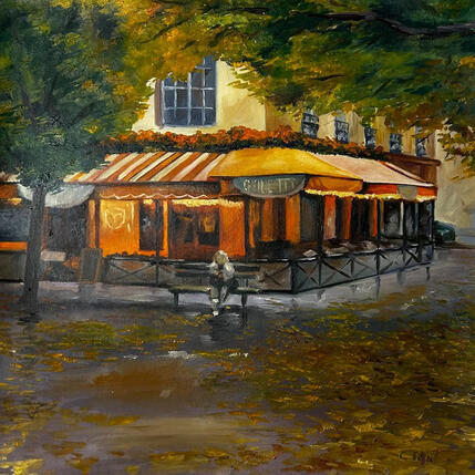 Peinture L'automne au café  par Piffard Cédric | Tableau Figuratif Huile Architecture, Scènes de vie, Urbain