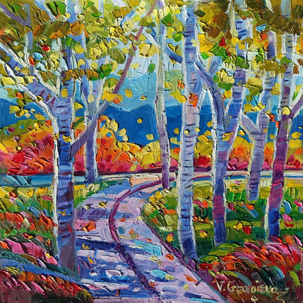 Painting Petals Falling into Blue by Georgieva Vanya | Painting Figurative Oil Landscapes