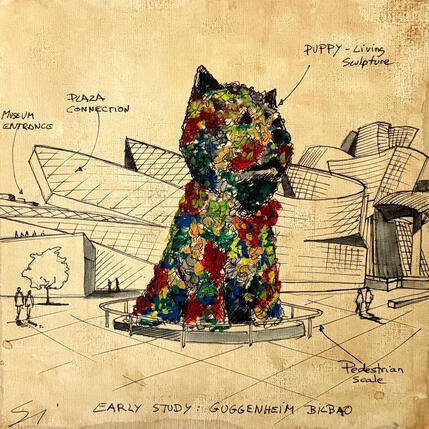 Gemälde Puppy Guggenheim von Mestres Sergi | Gemälde Figurativ Acryl, Graffiti Architektur, Pop-Ikonen