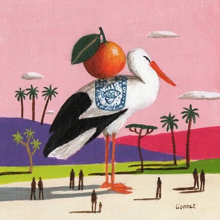 Peinture Cigogne à l'orange par Lionnet Pascal | Tableau Surréalisme Acrylique Animaux, Paysages, Scènes de vie