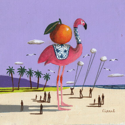 Painting Flamant rose sur la plage by Lionnet Pascal | Painting Surrealism Acrylic Animals, Landscapes, Marine