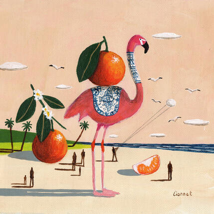 Peinture Flamant rose aux oranges par Lionnet Pascal | Tableau Surréalisme Acrylique Animaux, Marine, Scènes de vie
