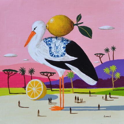 Peinture Cigogne aux citrons par Lionnet Pascal | Tableau Surréalisme Acrylique Animaux, Paysages, Société