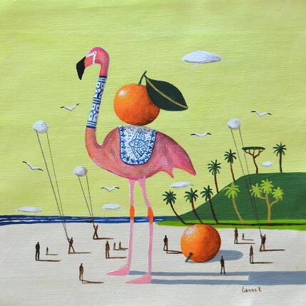 Gemälde Flamant rose aux oranges von Lionnet Pascal | Gemälde Surrealismus Acryl Landschaften, Marine, Tiere