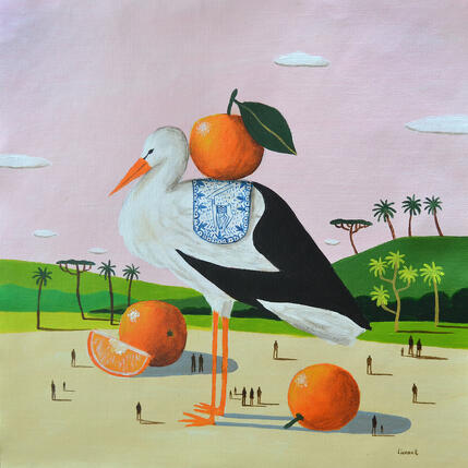 Painting Cigogne aux oranges by Lionnet Pascal | Painting Surrealism Acrylic Animals, Landscapes, Life style