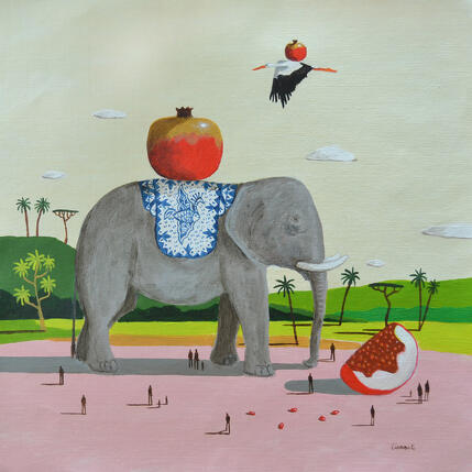 Painting Eléphant aux grenades by Lionnet Pascal | Painting Surrealism Acrylic Animals, Landscapes, Life style