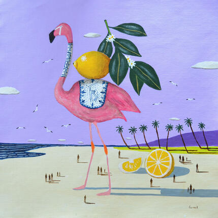 Painting Flamant rose aux citrons by Lionnet Pascal | Painting Surrealism Acrylic Animals, Life style, Marine