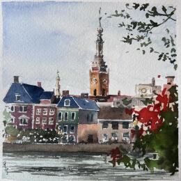 Painting Vue de La Haye by Baudry Claire | Painting Figurative Watercolor Landscapes, Urban