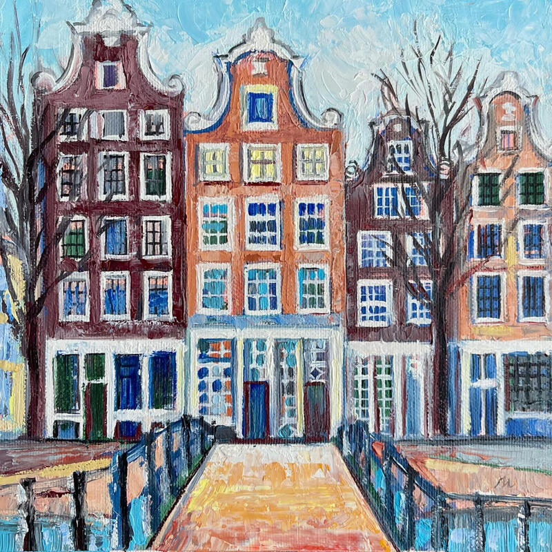 Painting Winter in Amsterdam by Maja Anna Chris | Painting Figurative Urban Architecture Oil
