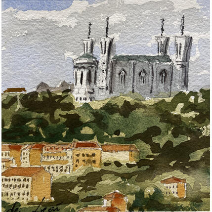 Peinture Fourvière sur la ville par De León Lévi Marcelo | Tableau Figuratif Aquarelle Urbain