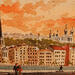 Painting Coucher de soleil sur Fourvière by De León Lévi Marcelo | Painting Figurative Urban Watercolor