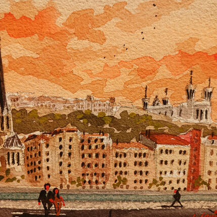 Painting Coucher de soleil sur Fourvière by De León Lévi Marcelo | Painting Figurative Watercolor Urban