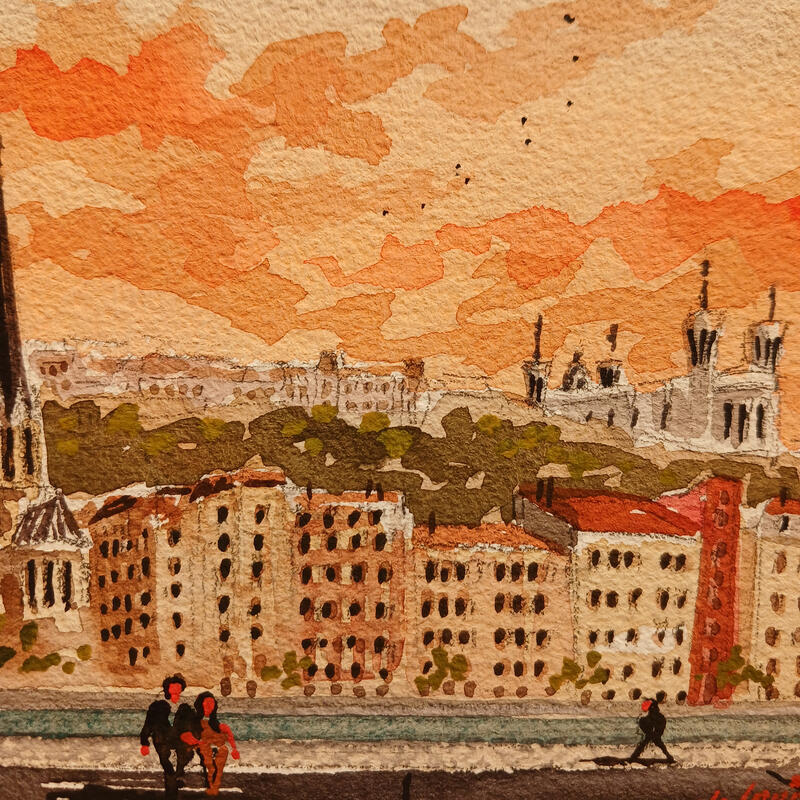 Painting Coucher de soleil sur Fourvière by De León Lévi Marcelo | Painting Figurative Urban Watercolor