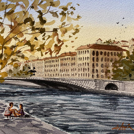 Gemälde Un rendez-vous sur les quais von De León Lévi Marcelo | Gemälde Figurativ Aquarell Pop-Ikonen, Urban