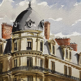Gemälde Les toits sous les nuages von De León Lévi Marcelo | Gemälde Figurativ Aquarell Pop-Ikonen, Urban