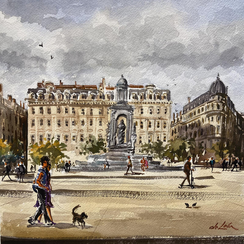Peinture Les Jacobins au soleil par De León Lévi Marcelo | Tableau Figuratif Urbain Aquarelle
