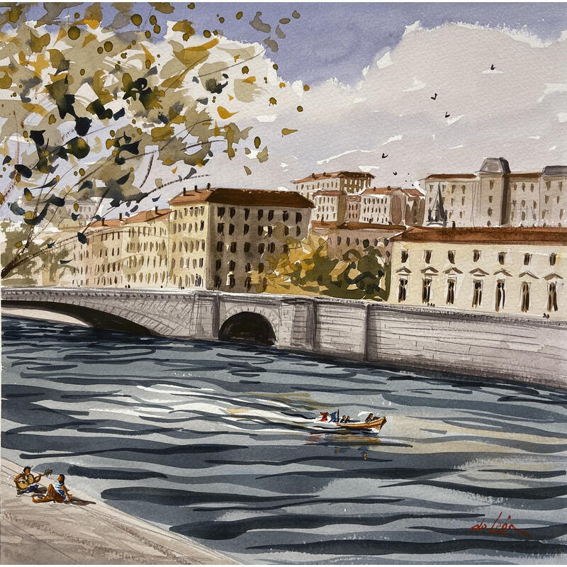 Peinture Bateau à contre-courant par De León Lévi Marcelo | Tableau Figuratif Urbain Aquarelle