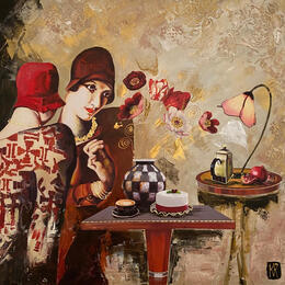 Painting L’heure du thé  by Romanelli Karine | Painting Figurative Acrylic, Gluing Life style, Mode, Portrait