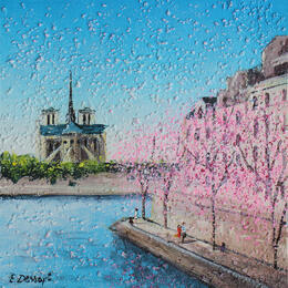 Peinture Les cerisiers et notre-dame par Dessapt Elika | Tableau Impressionnisme Acrylique, Sable