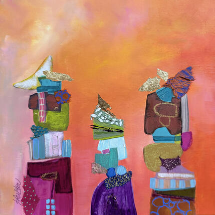 Painting Les jeunes courtisanes by Lau Blou | Painting Abstract Acrylic, Cardboard, Gluing, Gold leaf, Pastel