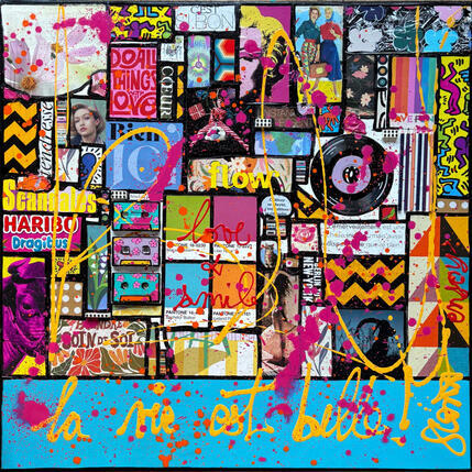 Peinture La vie est belle ! (Love & Smile) par Costa Sophie | Tableau Pop-art Acrylique, Collage, Upcycling