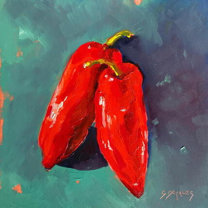 Painting Les 2 poivrons by Morales Géraldine | Painting Figurative Oil Pop icons, Still-life