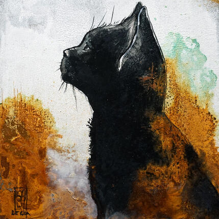 Peinture chat Noir par De Géa Olivier  | Tableau Figuratif Métal Animaux