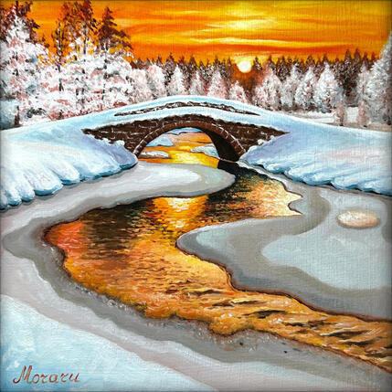 Painting Pont d'hiver rosé by Moraru Vadim | Painting Realism Oil Landscapes, Life style, Pop icons