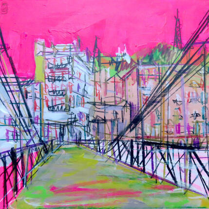 Gemälde La presqu'ile entre deux eaux von Anicet Olivier | Gemälde Figurativ Acryl, Pastell Architektur, Urban
