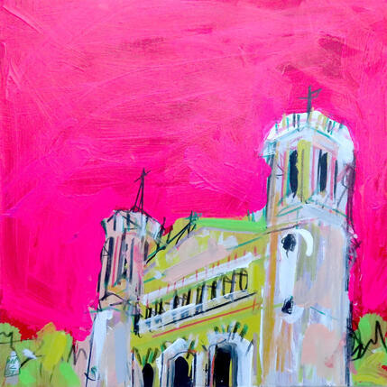 Painting L'été caresse Fourviére by Anicet Olivier | Painting Figurative Acrylic, Pastel Architecture, Urban