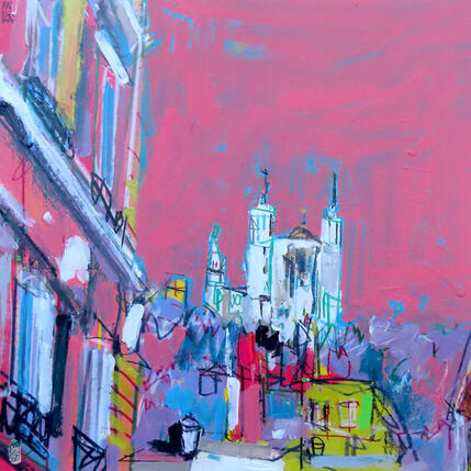 Peinture Fourvière s'étire par Anicet Olivier | Tableau Figuratif Acrylique, Pastel Architecture, Urbain