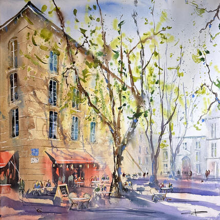 Gemälde Terrasse sur la place de l’Archeveche  von Bailly Kévin  | Gemälde Figurativ Aquarell, Tinte Architektur, Urban
