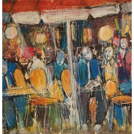 Gemälde Rendez vous en terasse von Rocco Sophie | Gemälde Art brut Acryl, Collage, Sand Pop-Ikonen