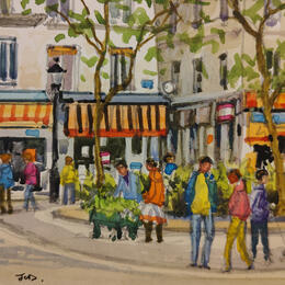 Peinture Place de la Contrescarpe par Decoudun Jean charles | Tableau Figuratif Aquarelle Urbain