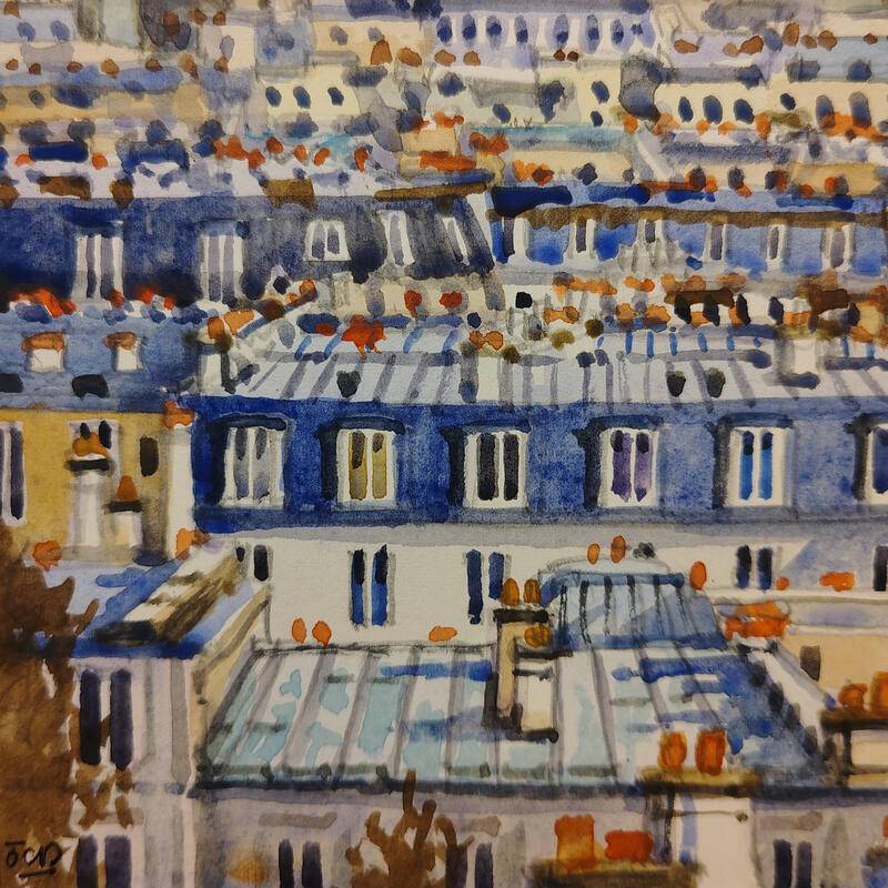 Peinture Paris en bleu par Decoudun Jean charles | Tableau Figuratif Urbain Aquarelle