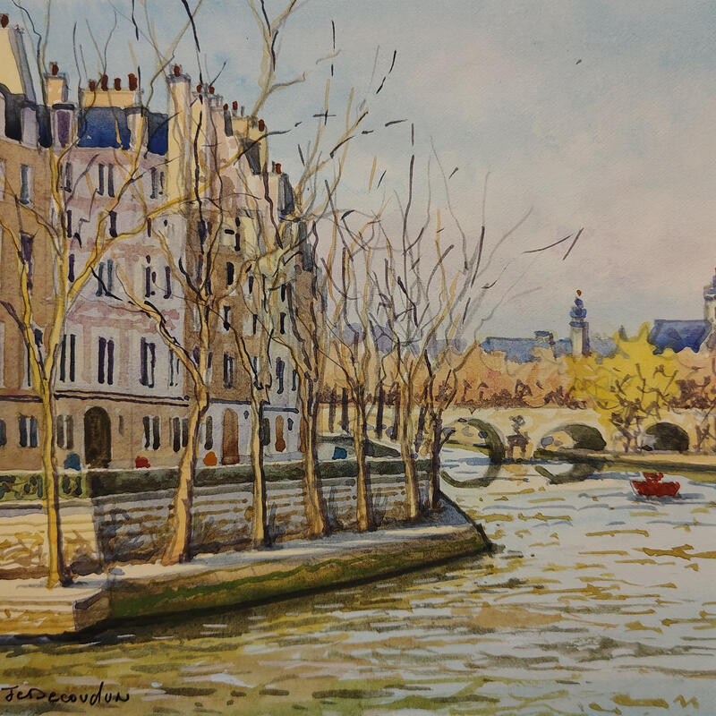 Pintura L'île St Louis por Decoudun Jean charles | Pintura Figurativo Urbano Acuarela
