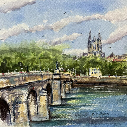 Painting Angers La Maine La cathédrale et le pont  by Hoffmann Elisabeth | Painting