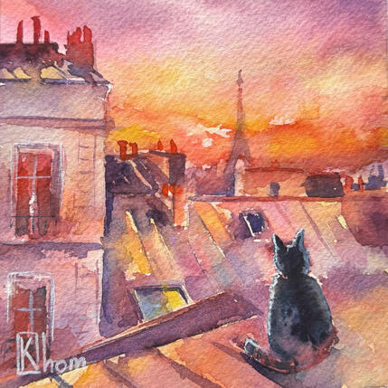 Gemälde Red Eiffel Tower von Khomyakova  Liliya  | Gemälde Figurativ Aquarell Architektur, Landschaften, Tiere