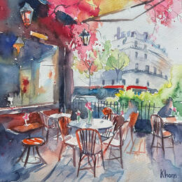 Painting Breakfast in Paris by Khomyakova  Liliya  | Painting Figurative Watercolor Architecture, Life style, Urban