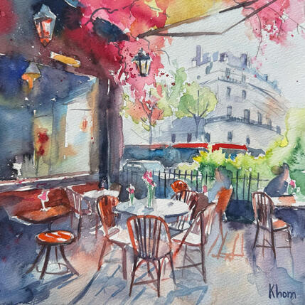 Gemälde Breakfast in Paris von Khomyakova  Liliya  | Gemälde Figurativ Aquarell Alltagsszenen, Architektur, Urban