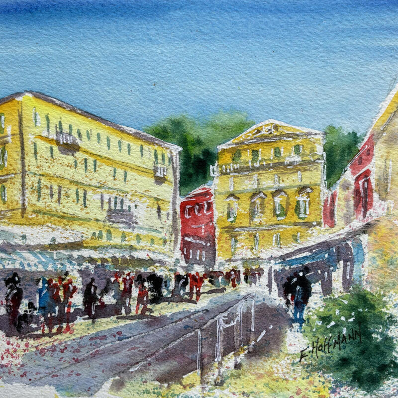 Peinture Nice Saleya en fleurs par Hoffmann Elisabeth | Tableau Figuratif Urbain Aquarelle