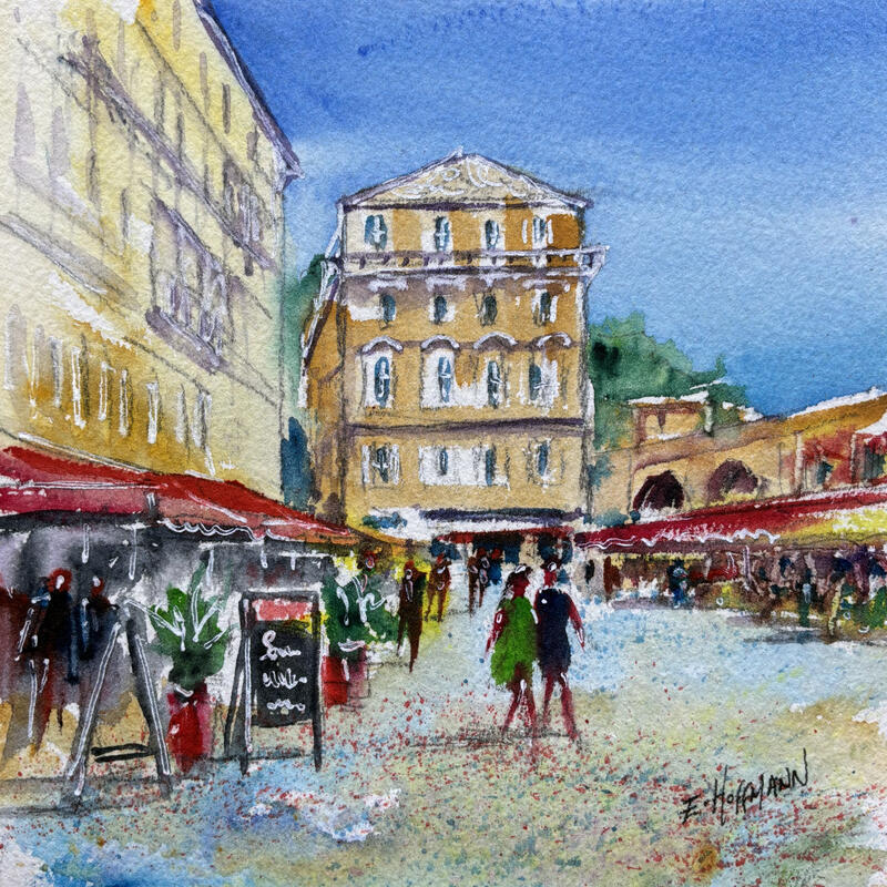 Peinture Nice Saleya animé par Hoffmann Elisabeth | Tableau Figuratif Urbain Aquarelle