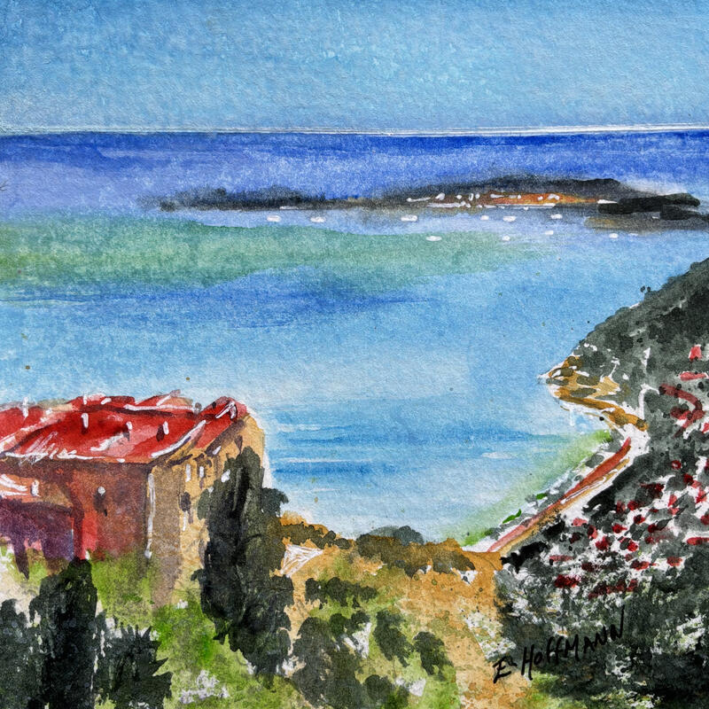 Peinture Eze évasion par Hoffmann Elisabeth | Tableau Figuratif Urbain Aquarelle