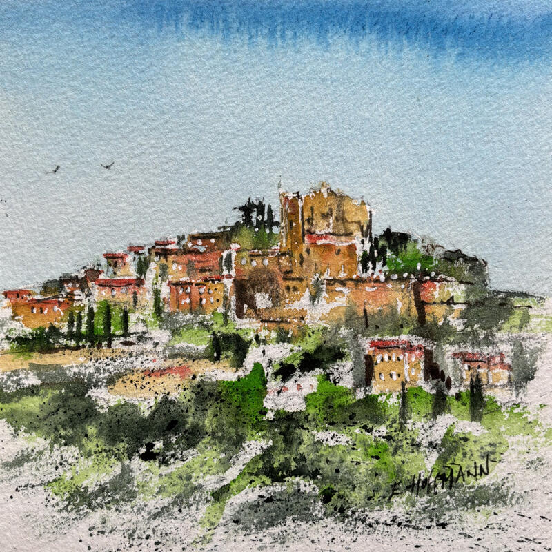 Peinture Eze suspendue par Hoffmann Elisabeth | Tableau Figuratif Urbain Aquarelle