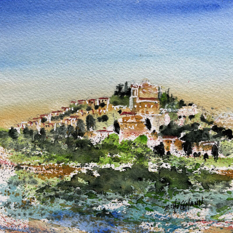 Peinture Eze près du ciel par Hoffmann Elisabeth | Tableau Figuratif Urbain Aquarelle