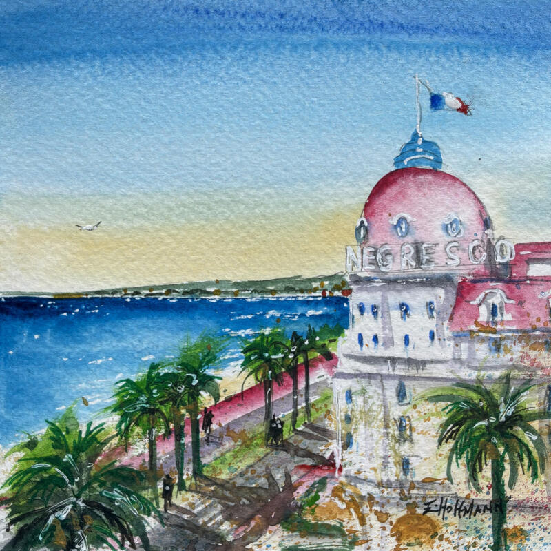 Peinture Nice Negresco crépuscule par Hoffmann Elisabeth | Tableau Figuratif Urbain Aquarelle