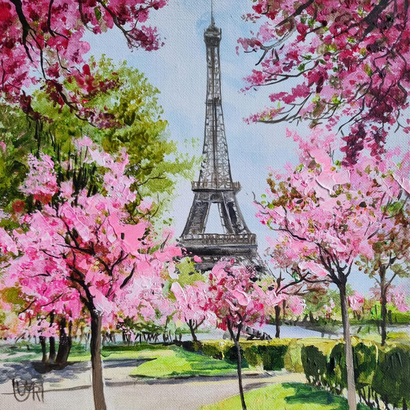Peinture Tower in the spring par Rasa | Tableau Figuratif Urbain Acrylique