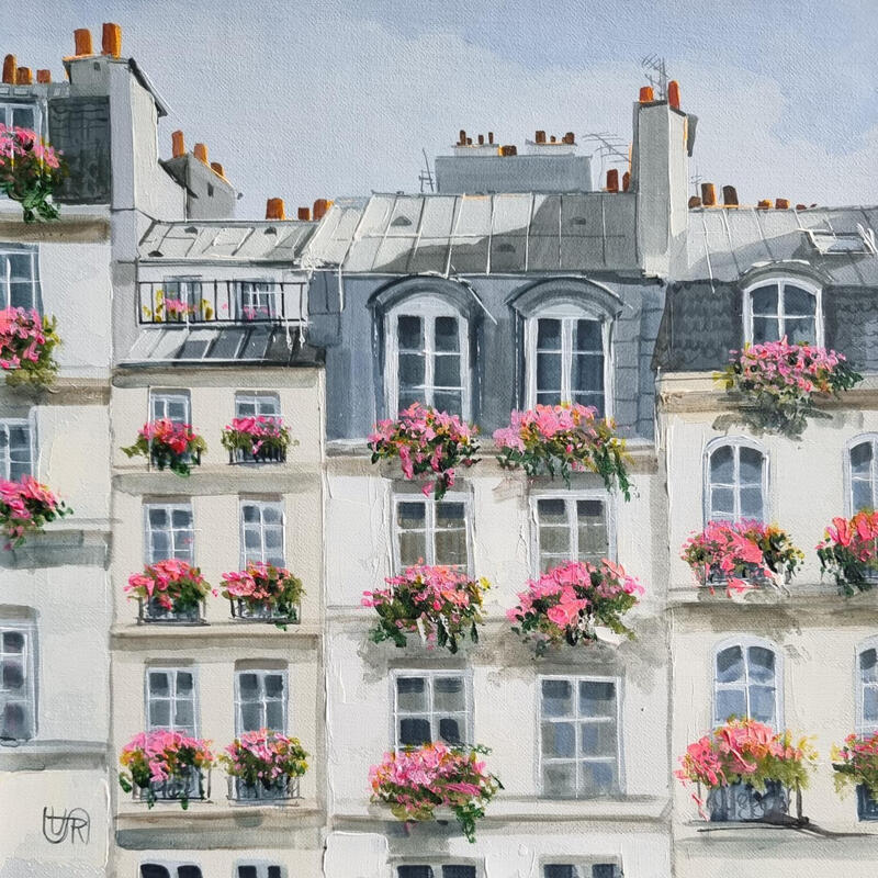 Peinture Flowery windows of paris par Rasa | Tableau Figuratif Urbain Acrylique